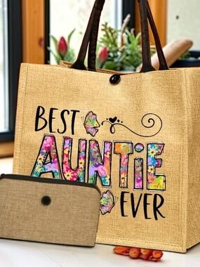 Best Auntie Ever Floral Print Jute Tote Bag  And Makeup Pouch NEW